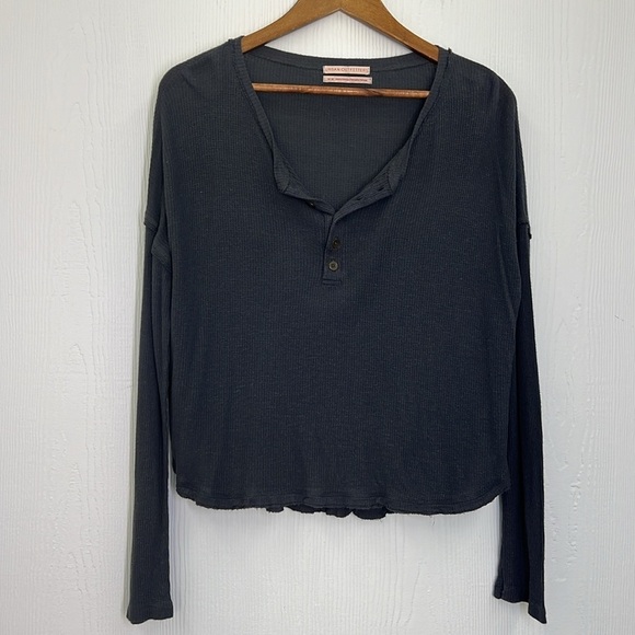 Urban Outfitters - Navy Thermal Half Button Boxy Crop Long Sleeve Top Size Med - Picture 7 of 11